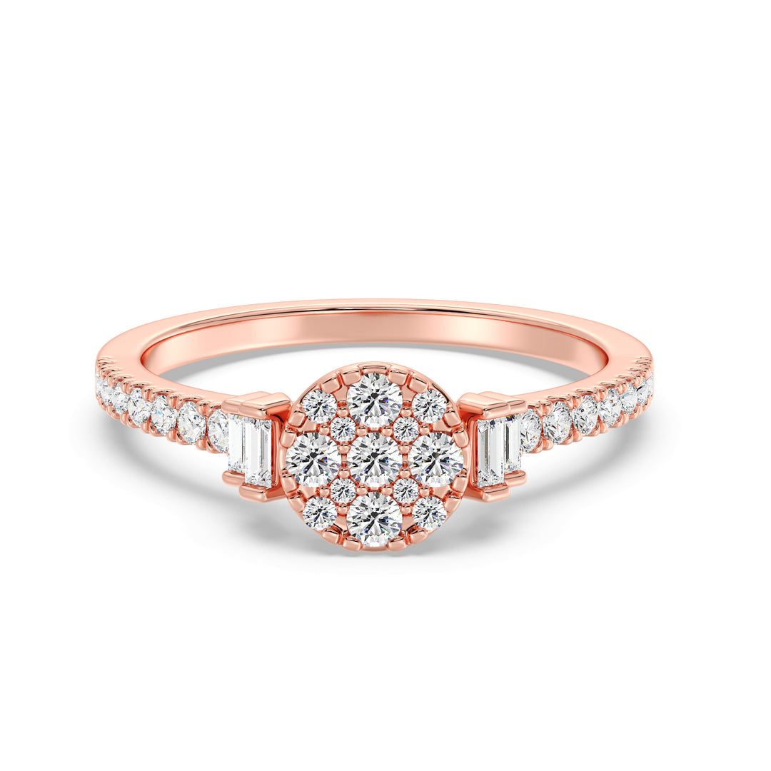 18K rose gold engagement ring featuring 0.57 carats of lab-grown round and baguette diamonds, radiating warmth and sophistication