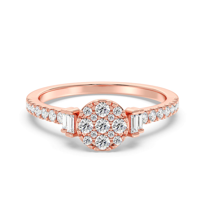 18K rose gold engagement ring featuring 0.57 carats of lab-grown round and baguette diamonds, radiating warmth and sophistication