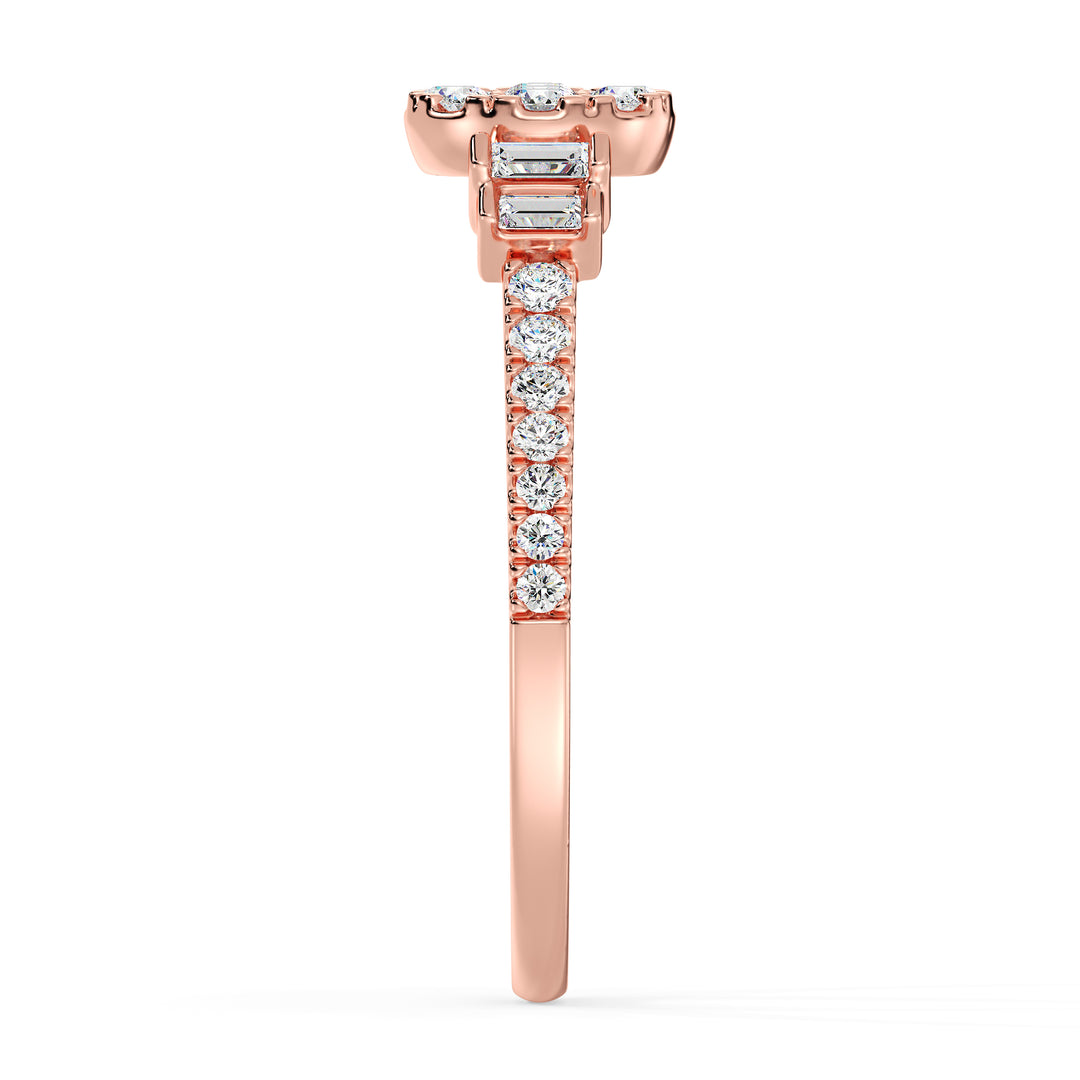 18K rose gold engagement ring featuring 0.57 carats of lab-grown round and baguette diamonds, radiating warmth and sophistication
