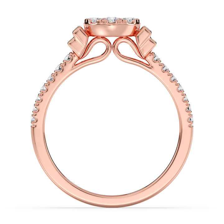 18K rose gold engagement ring featuring 0.57 carats of lab-grown round and baguette diamonds, radiating warmth and sophistication