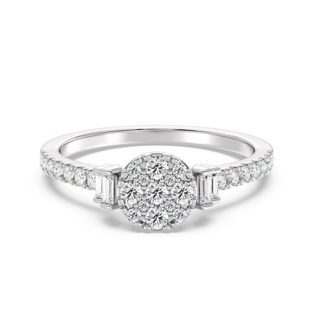 18K white gold engagement ring adorned with 0.57 carats of lab-grown round and baguette diamonds, exuding classic elegance and sparkle