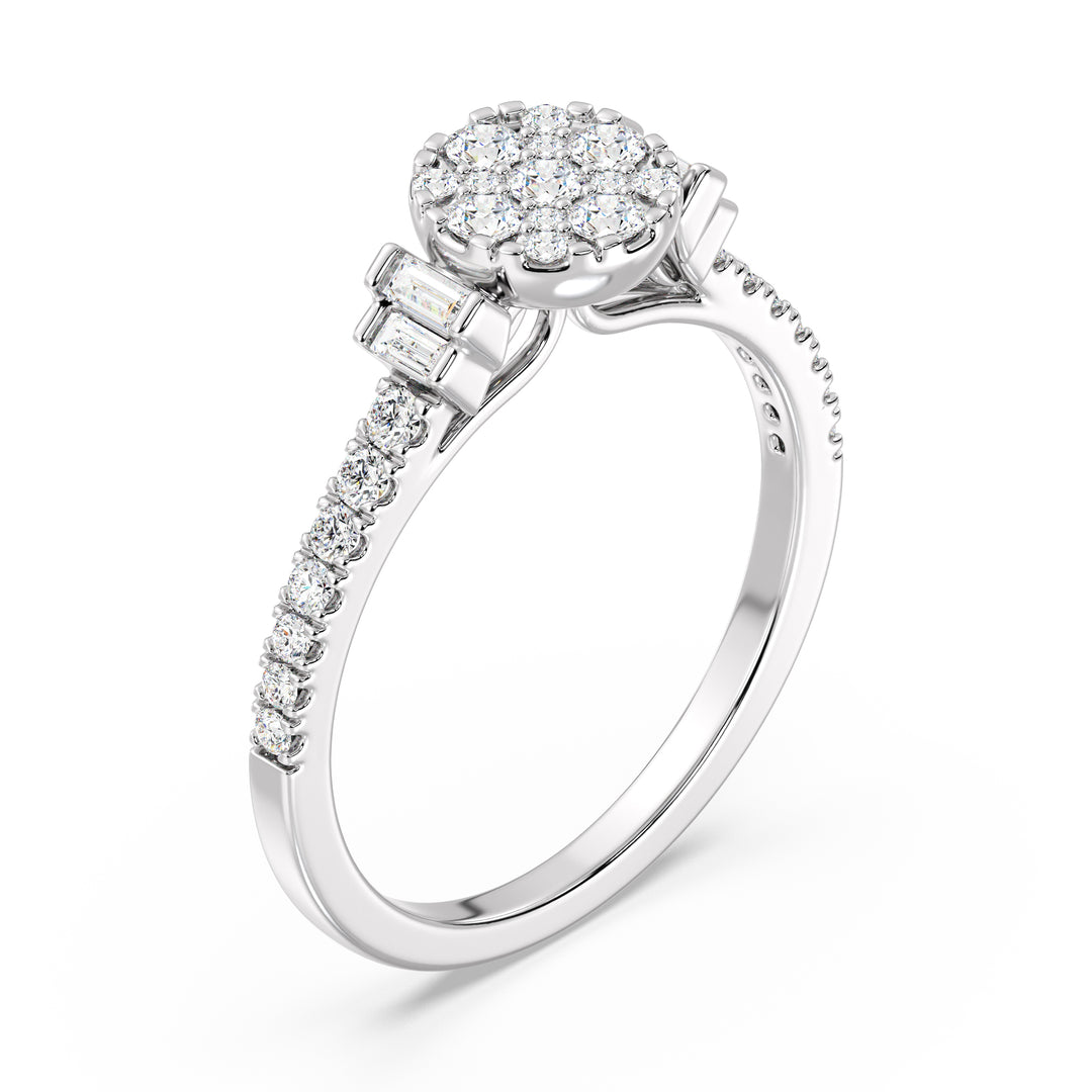 18K white gold engagement ring adorned with 0.57 carats of lab-grown round and baguette diamonds, exuding classic elegance and sparkle