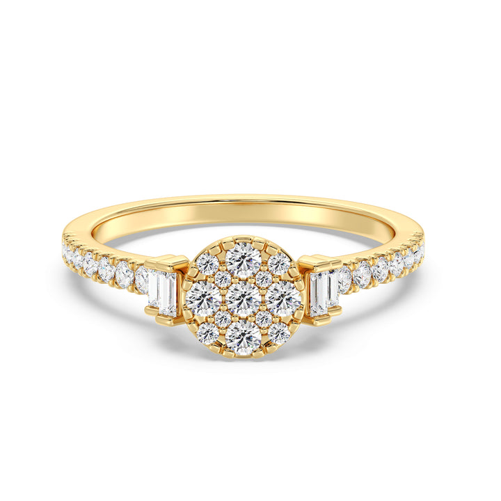 18K yellow gold engagement ring with 0.57 carats of lab-grown round and baguette diamonds, elegantly designed for timeless brilliance