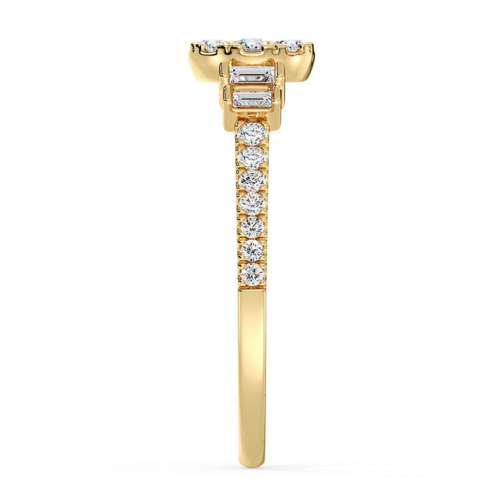 18K yellow gold engagement ring with 0.57 carats of lab-grown round and baguette diamonds, elegantly designed for timeless brilliance