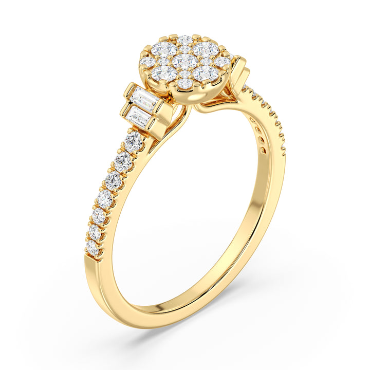 18K yellow gold engagement ring with 0.57 carats of lab-grown round and baguette diamonds, elegantly designed for timeless brilliance