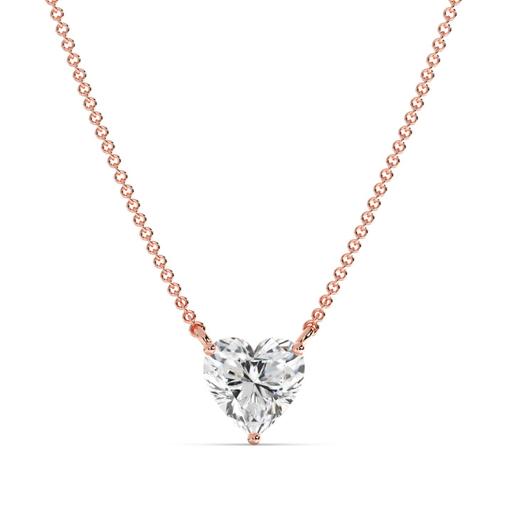 An image of the 2.00 Carat Heart-Shaped Lab-Grown Diamond Solitaire Pendant Necklace in 18K Rose Gold. The pendant showcases a radiant IGI Certified heart-cut diamond with E color and VS clarity, complemented by the warm, romantic hue of rose gold and a fine chain