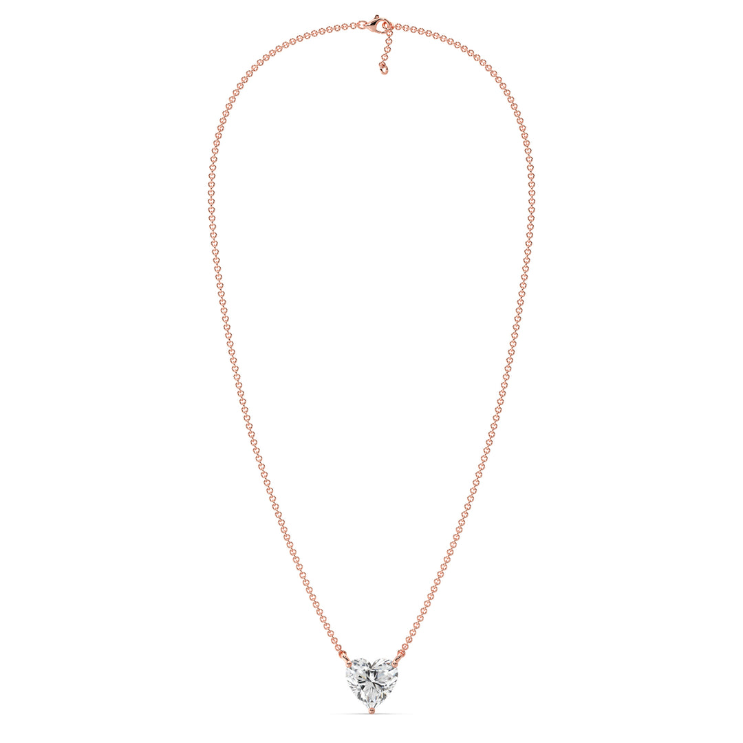 An image of the 2.00 Carat Heart-Shaped Lab-Grown Diamond Solitaire Pendant Necklace in 18K Rose Gold. The pendant showcases a radiant IGI Certified heart-cut diamond with E color and VS clarity, complemented by the warm, romantic hue of rose gold and a fine chain