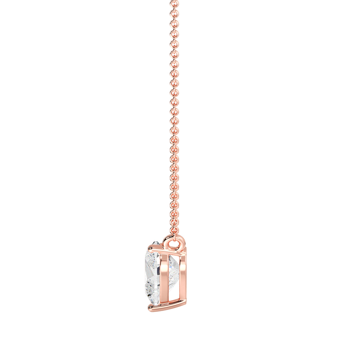An image of the 2.00 Carat Heart-Shaped Lab-Grown Diamond Solitaire Pendant Necklace in 18K Rose Gold. The pendant showcases a radiant IGI Certified heart-cut diamond with E color and VS clarity, complemented by the warm, romantic hue of rose gold and a fine chain
