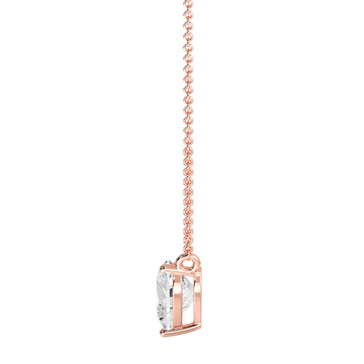 An image of the 2.00 Carat Heart-Shaped Lab-Grown Diamond Solitaire Pendant Necklace in 18K Rose Gold. The pendant showcases a radiant IGI Certified heart-cut diamond with E color and VS clarity, complemented by the warm, romantic hue of rose gold and a fine chain