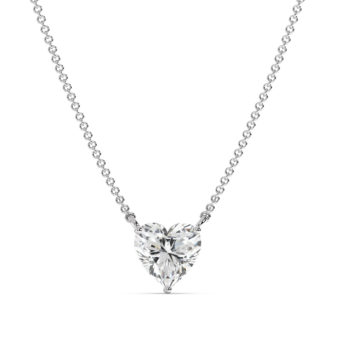 An image of the 2.00 Carat Heart-Shaped Lab-Grown Diamond Solitaire Pendant Necklace in 18K White Gold. The pendant features a brilliant IGI Certified heart-cut diamond with E color and VS clarity, highlighted by the sleek, modern finish of white gold and a matching chain