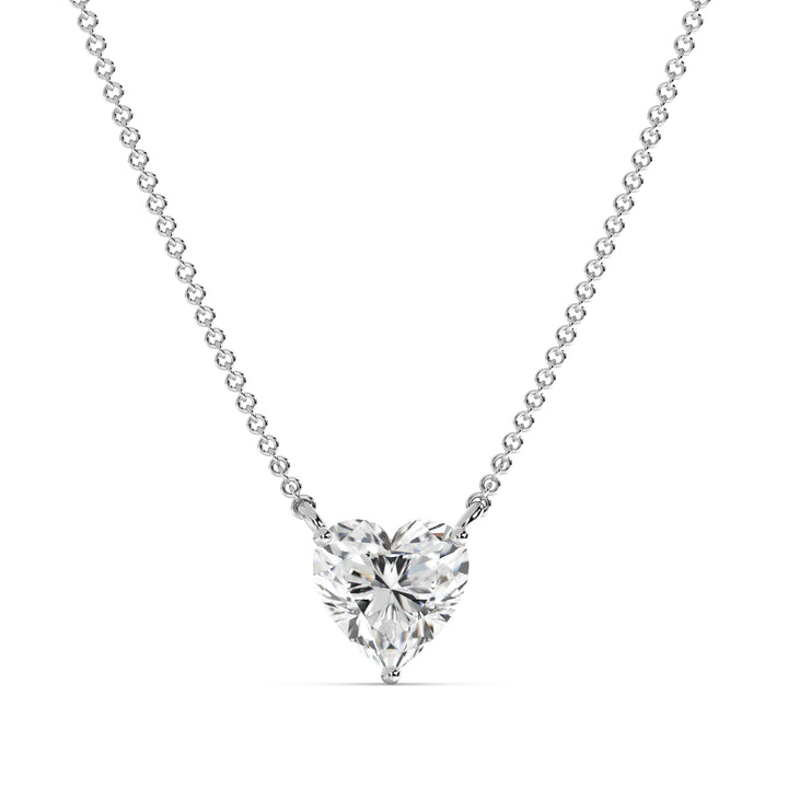 An image of the 2.00 Carat Heart-Shaped Lab-Grown Diamond Solitaire Pendant Necklace in 18K White Gold. The pendant features a brilliant IGI Certified heart-cut diamond with E color and VS clarity, highlighted by the sleek, modern finish of white gold and a matching chain