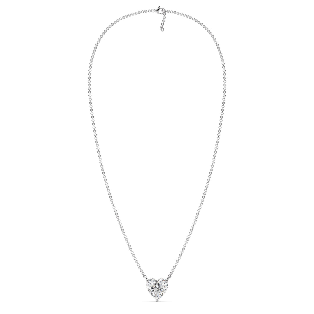 An image of the 2.00 Carat Heart-Shaped Lab-Grown Diamond Solitaire Pendant Necklace in 18K White Gold. The pendant features a brilliant IGI Certified heart-cut diamond with E color and VS clarity, highlighted by the sleek, modern finish of white gold and a matching chain