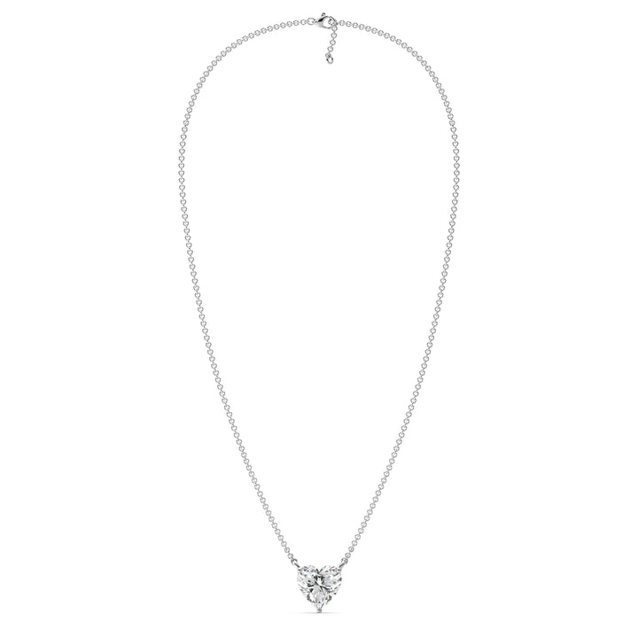 An image of the 2.00 Carat Heart-Shaped Lab-Grown Diamond Solitaire Pendant Necklace in 18K White Gold. The pendant features a brilliant IGI Certified heart-cut diamond with E color and VS clarity, highlighted by the sleek, modern finish of white gold and a matching chain