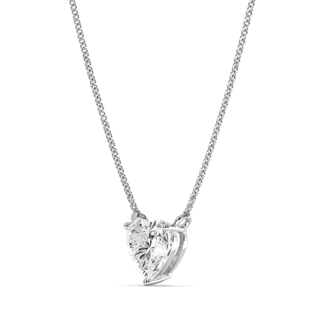 An image of the 2.00 Carat Heart-Shaped Lab-Grown Diamond Solitaire Pendant Necklace in 18K White Gold. The pendant features a brilliant IGI Certified heart-cut diamond with E color and VS clarity, highlighted by the sleek, modern finish of white gold and a matching chain