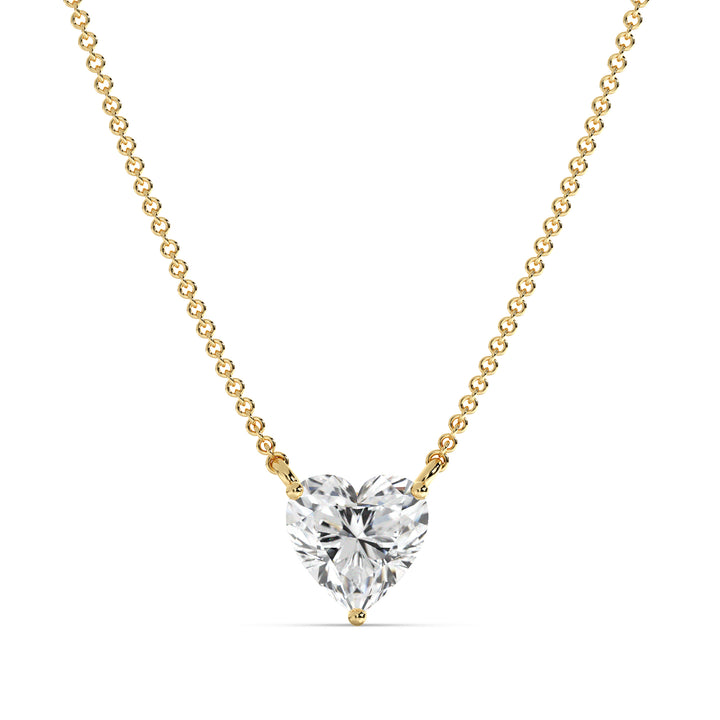 An image of the 2.00 Carat Heart-Shaped Lab-Grown Diamond Solitaire Pendant Necklace in 18K Yellow Gold. The pendant features a dazzling IGI Certified heart-cut diamond with E color and VS clarity, set in a secure prong setting, paired with a delicate chain for a timeless and elegant look
