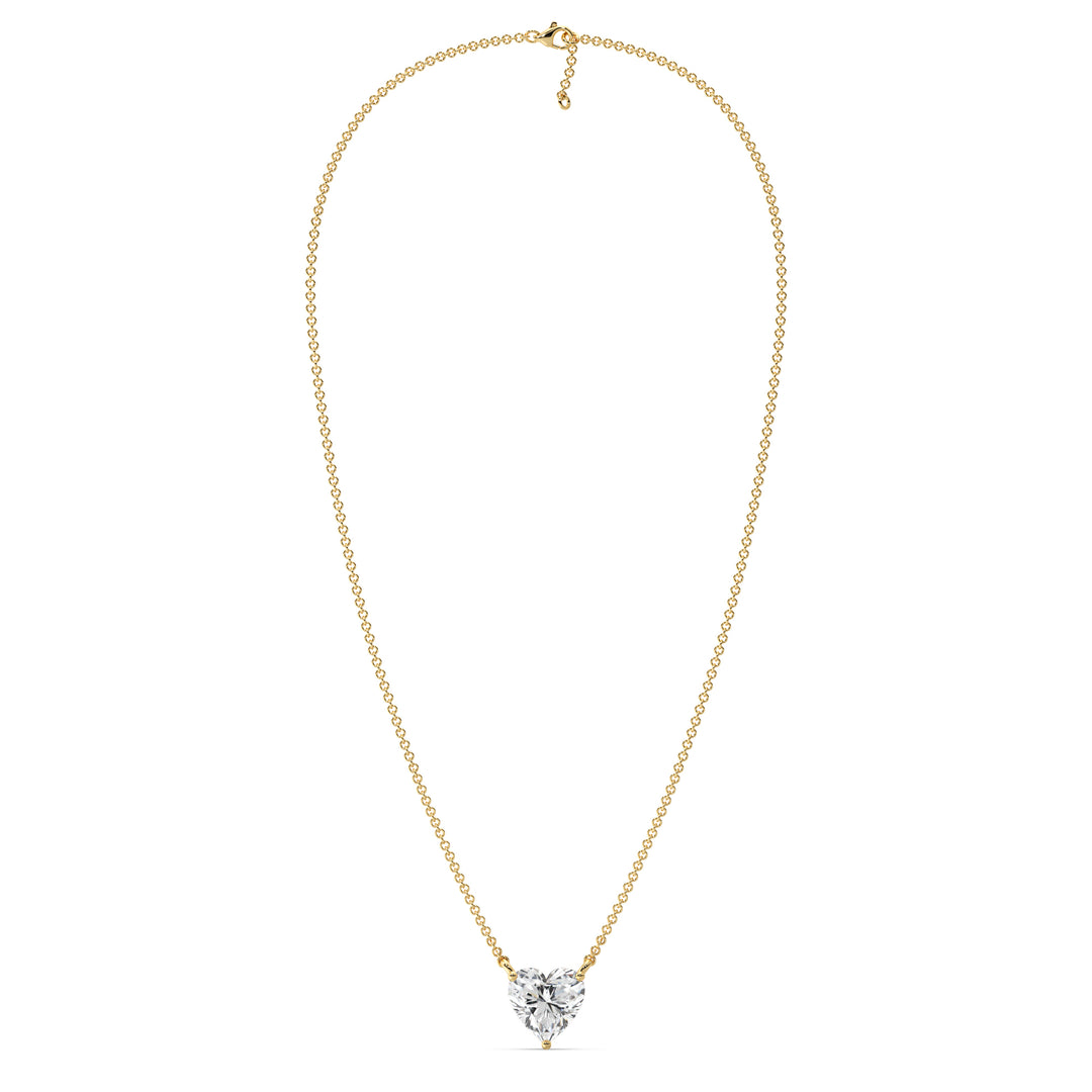 An image of the 2.00 Carat Heart-Shaped Lab-Grown Diamond Solitaire Pendant Necklace in 18K Yellow Gold. The pendant features a dazzling IGI Certified heart-cut diamond with E color and VS clarity, set in a secure prong setting, paired with a delicate chain for a timeless and elegant look