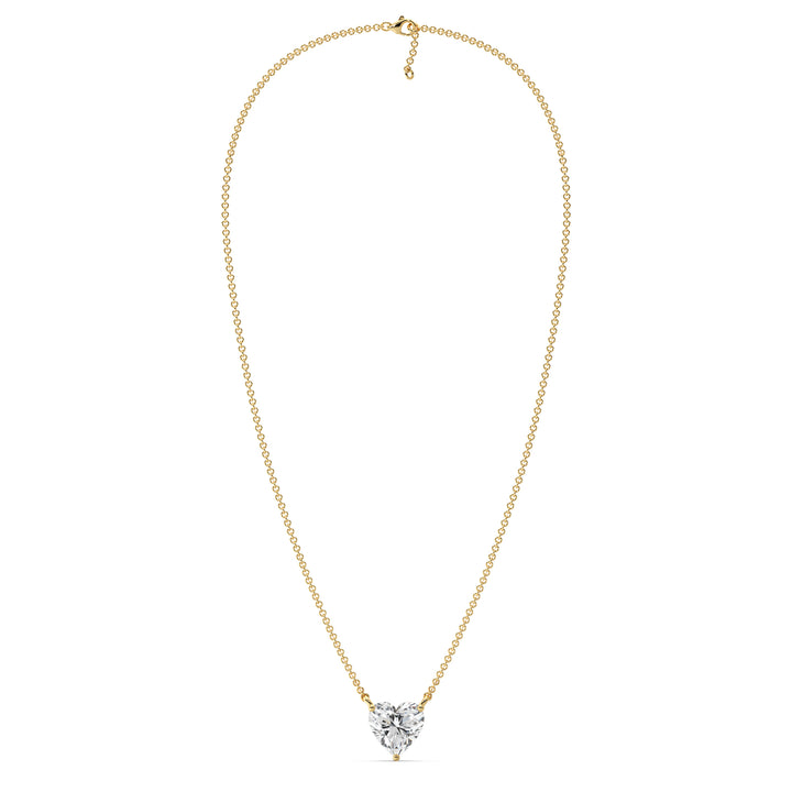 An image of the 2.00 Carat Heart-Shaped Lab-Grown Diamond Solitaire Pendant Necklace in 18K Yellow Gold. The pendant features a dazzling IGI Certified heart-cut diamond with E color and VS clarity, set in a secure prong setting, paired with a delicate chain for a timeless and elegant look