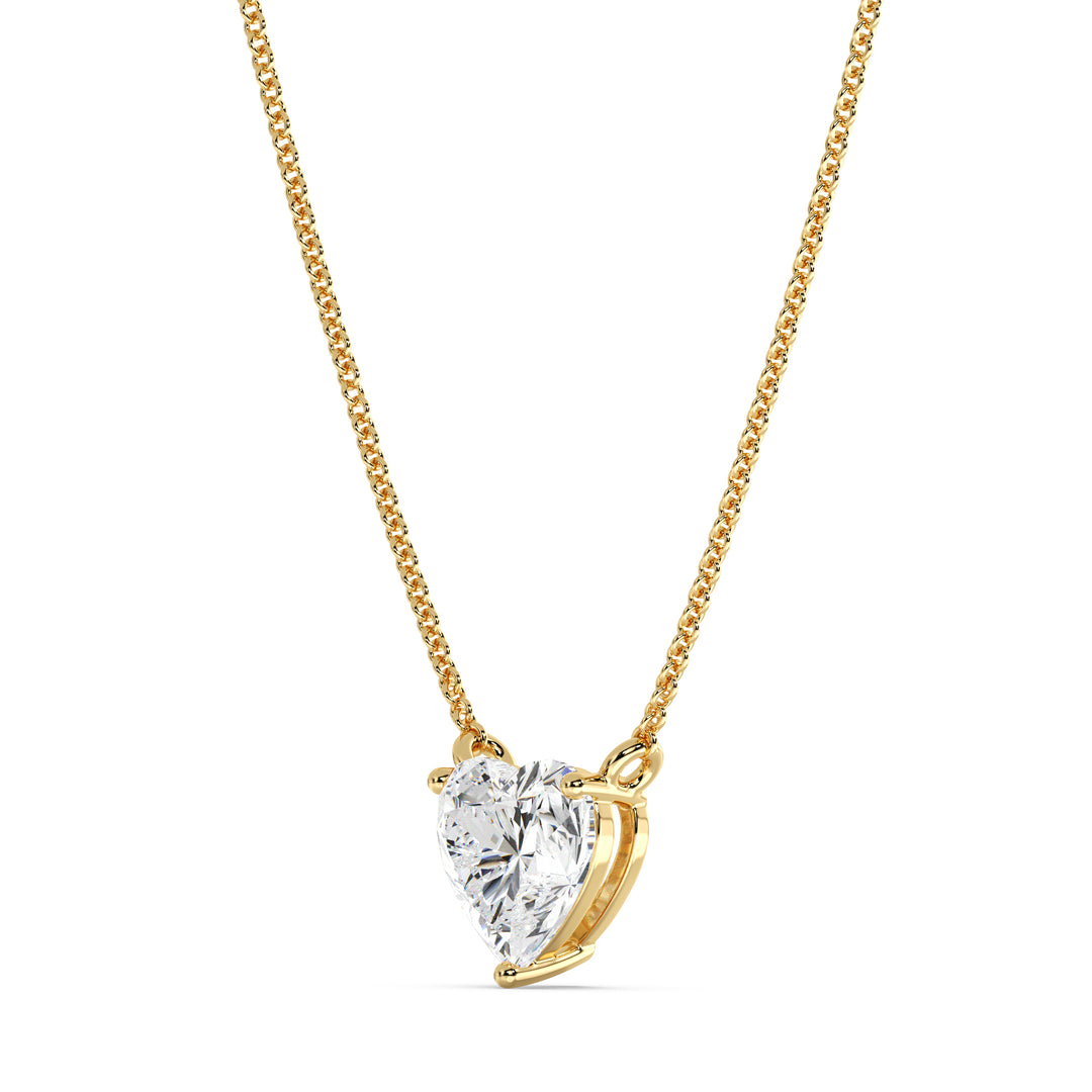 An image of the 2.00 Carat Heart-Shaped Lab-Grown Diamond Solitaire Pendant Necklace in 18K Yellow Gold. The pendant features a dazzling IGI Certified heart-cut diamond with E color and VS clarity, set in a secure prong setting, paired with a delicate chain for a timeless and elegant look