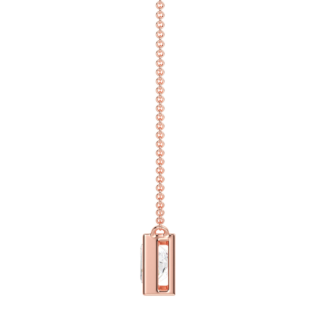 A luxurious 2 Carat Princess-Cut Lab-Grown Diamond Bezel-Set Pendant Necklace in elegant 18K Rose Gold. The E/VS IGI-Certified diamond radiates brilliance, beautifully accentuated by the romantic pinkish-gold tone of the chain and pendant