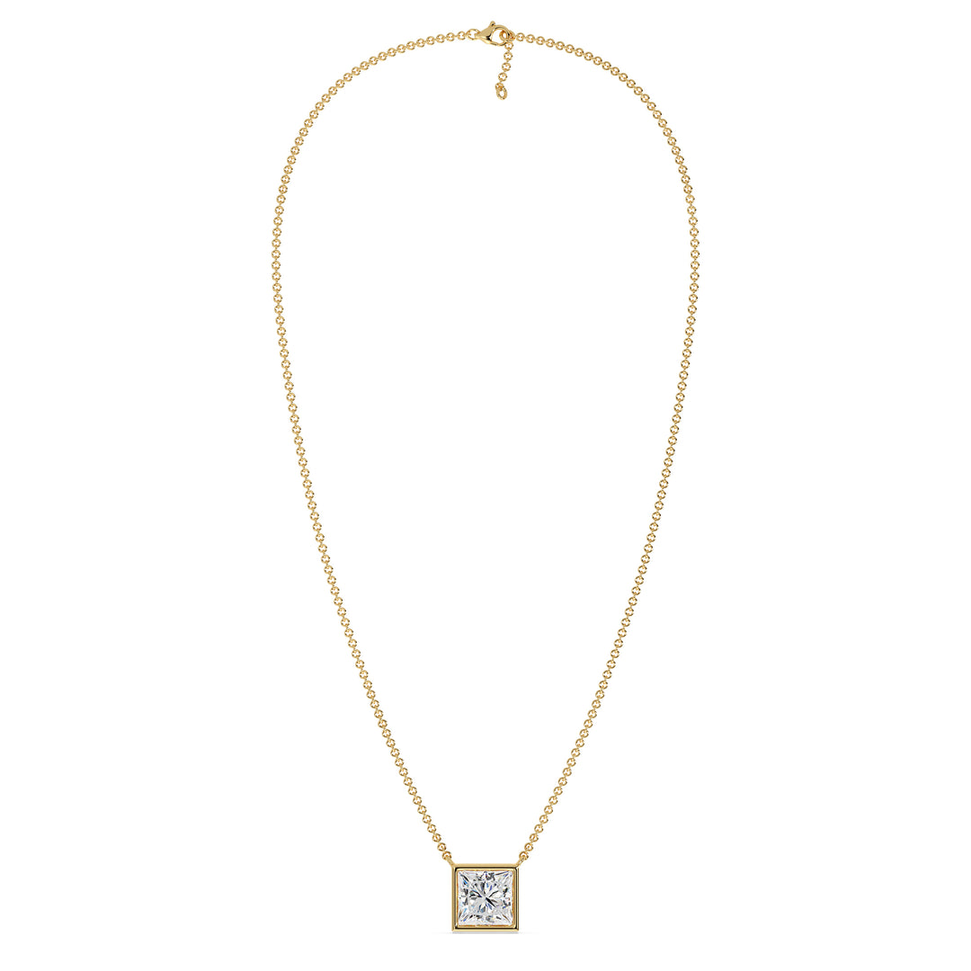 A stunning 2 Carat Princess-Cut Lab-Grown Diamond Bezel-Set Pendant Necklace in vibrant 18K Yellow Gold. The dazzling E/VS IGI-Certified diamond is securely set in a sleek bezel setting, complemented by the warm golden hue of the chain and pendant
