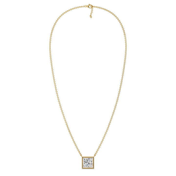 A stunning 2 Carat Princess-Cut Lab-Grown Diamond Bezel-Set Pendant Necklace in vibrant 18K Yellow Gold. The dazzling E/VS IGI-Certified diamond is securely set in a sleek bezel setting, complemented by the warm golden hue of the chain and pendant