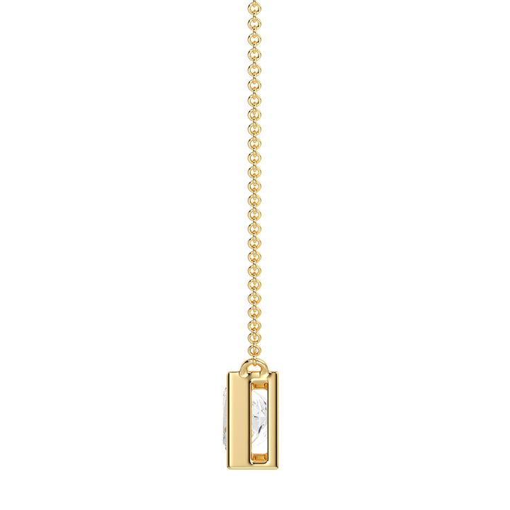 A stunning 2 Carat Princess-Cut Lab-Grown Diamond Bezel-Set Pendant Necklace in vibrant 18K Yellow Gold. The dazzling E/VS IGI-Certified diamond is securely set in a sleek bezel setting, complemented by the warm golden hue of the chain and pendant