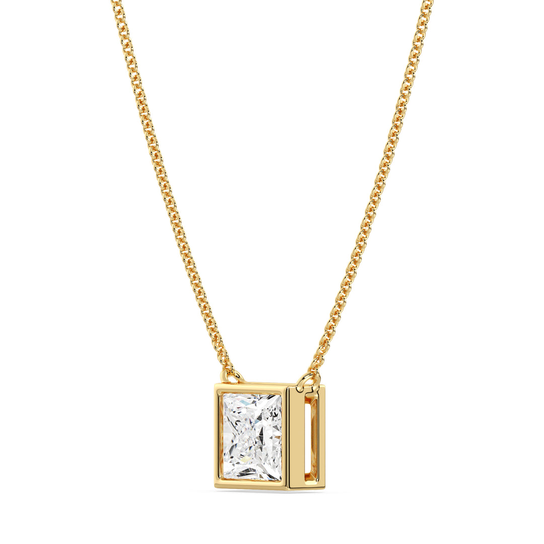 A stunning 2 Carat Princess-Cut Lab-Grown Diamond Bezel-Set Pendant Necklace in vibrant 18K Yellow Gold. The dazzling E/VS IGI-Certified diamond is securely set in a sleek bezel setting, complemented by the warm golden hue of the chain and pendant