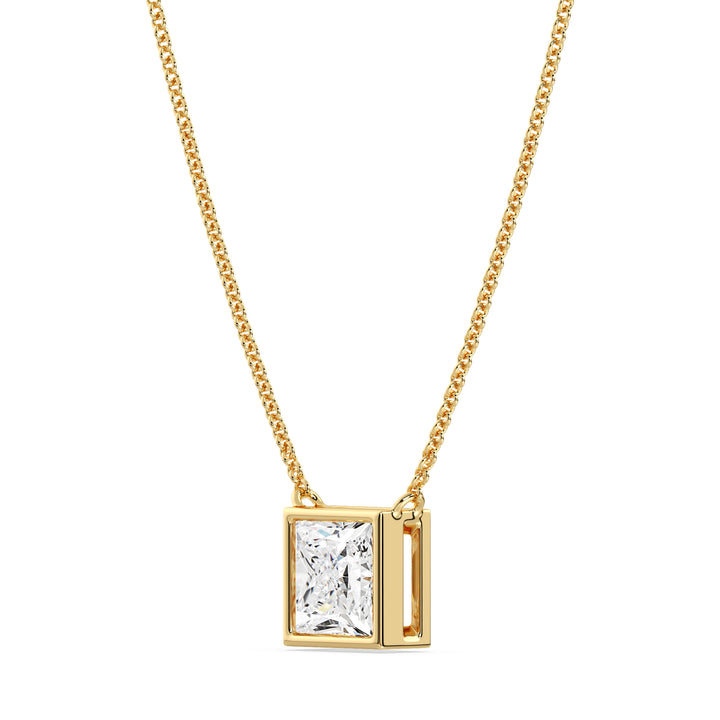 A stunning 2 Carat Princess-Cut Lab-Grown Diamond Bezel-Set Pendant Necklace in vibrant 18K Yellow Gold. The dazzling E/VS IGI-Certified diamond is securely set in a sleek bezel setting, complemented by the warm golden hue of the chain and pendant