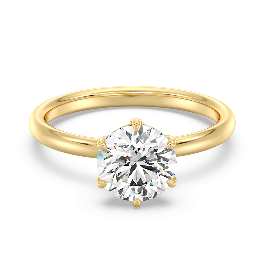 Classic 6-Prong Round Lab-Grown Diamond Solitaire Engagement Ring in 18K Yellow Gold, featuring a dazzling round-cut diamond with EF color and VS clarity
