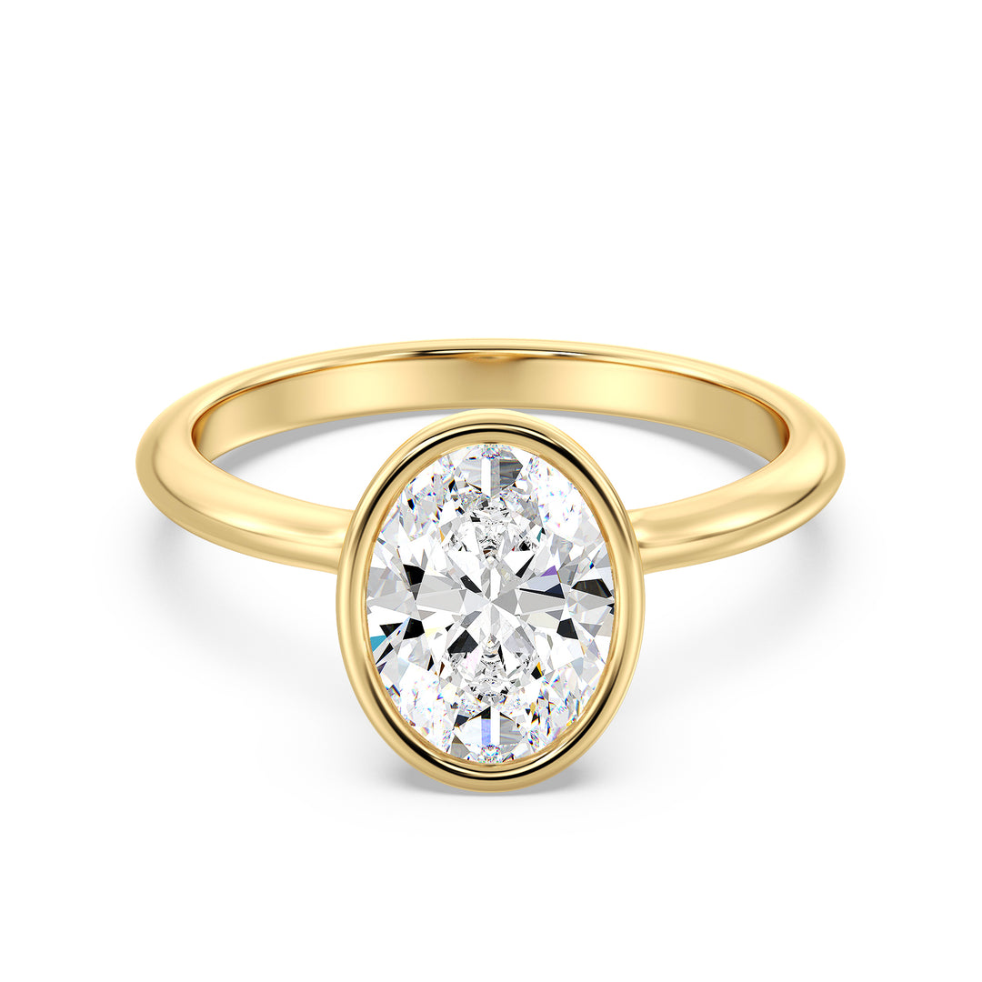 Oval-Cut Lab-Grown Diamond Solitaire Ring in 18K Yellow Gold with Bezel Setting, Available in 1ct, 2ct, 3ct, or 4ct.