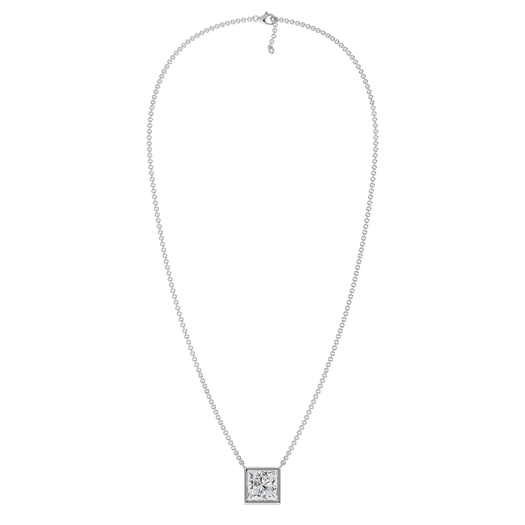 A sophisticated 2 Carat Princess-Cut Lab-Grown Diamond Bezel-Set Pendant Necklace in polished 18K White Gold. The E/VS IGI-Certified diamond sparkles brilliantly, framed by the sleek and modern white gold chain and pendant.