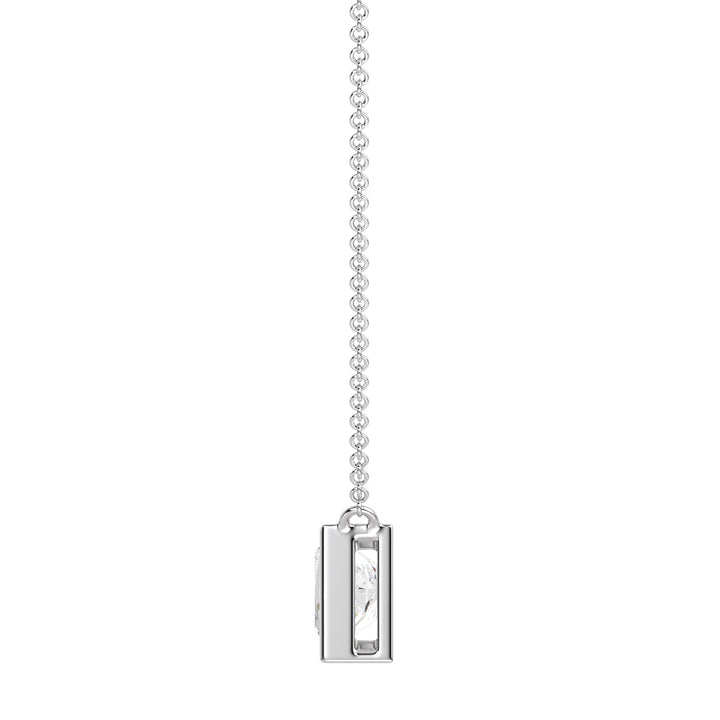 A sophisticated 2 Carat Princess-Cut Lab-Grown Diamond Bezel-Set Pendant Necklace in polished 18K White Gold. The E/VS IGI-Certified diamond sparkles brilliantly, framed by the sleek and modern white gold chain and pendant.