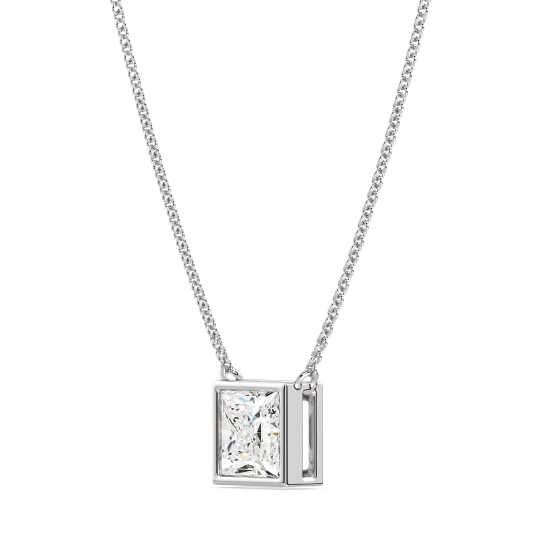 A sophisticated 2 Carat Princess-Cut Lab-Grown Diamond Bezel-Set Pendant Necklace in polished 18K White Gold. The E/VS IGI-Certified diamond sparkles brilliantly, framed by the sleek and modern white gold chain and pendant.