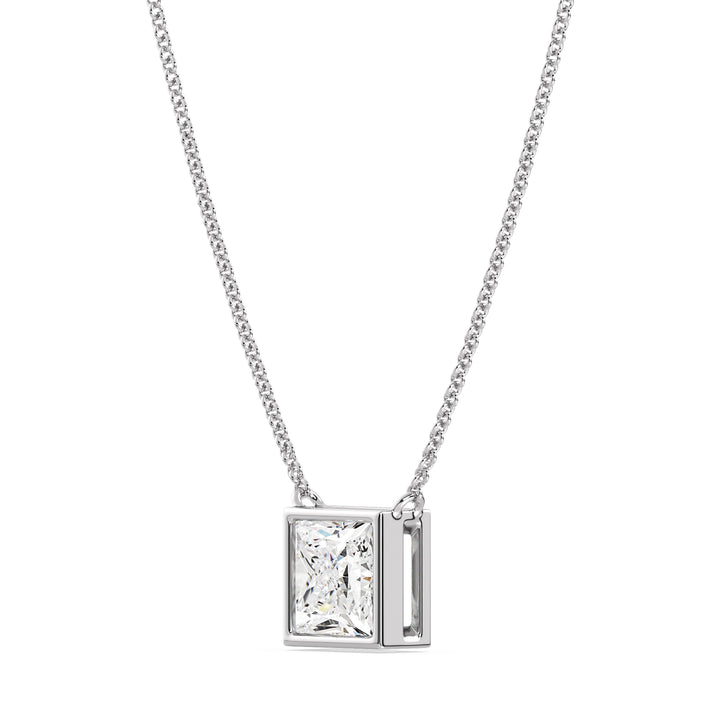 A sophisticated 2 Carat Princess-Cut Lab-Grown Diamond Bezel-Set Pendant Necklace in polished 18K White Gold. The E/VS IGI-Certified diamond sparkles brilliantly, framed by the sleek and modern white gold chain and pendant.