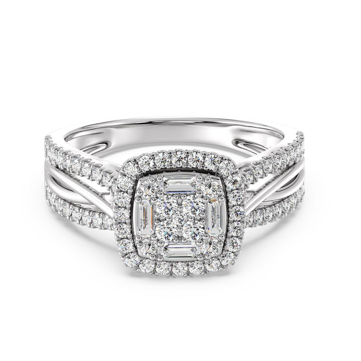 White Gold Vintage-Style Halo Engagement Ring adorned with 0.73CT T.W. lab-grown diamonds, featuring a cushion-shaped frame and delicate halo design in radiant 18K white gold