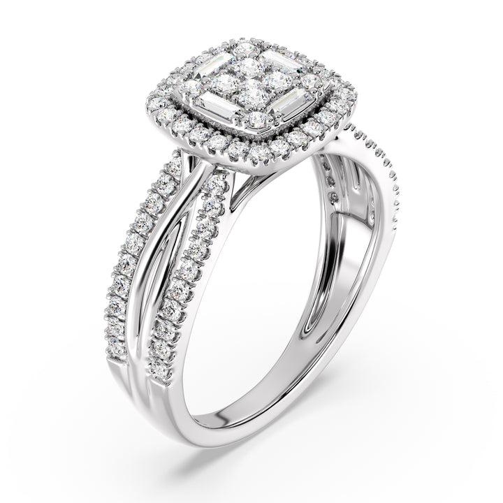 White Gold Vintage-Style Halo Engagement Ring adorned with 0.73CT T.W. lab-grown diamonds, featuring a cushion-shaped frame and delicate halo design in radiant 18K white gold