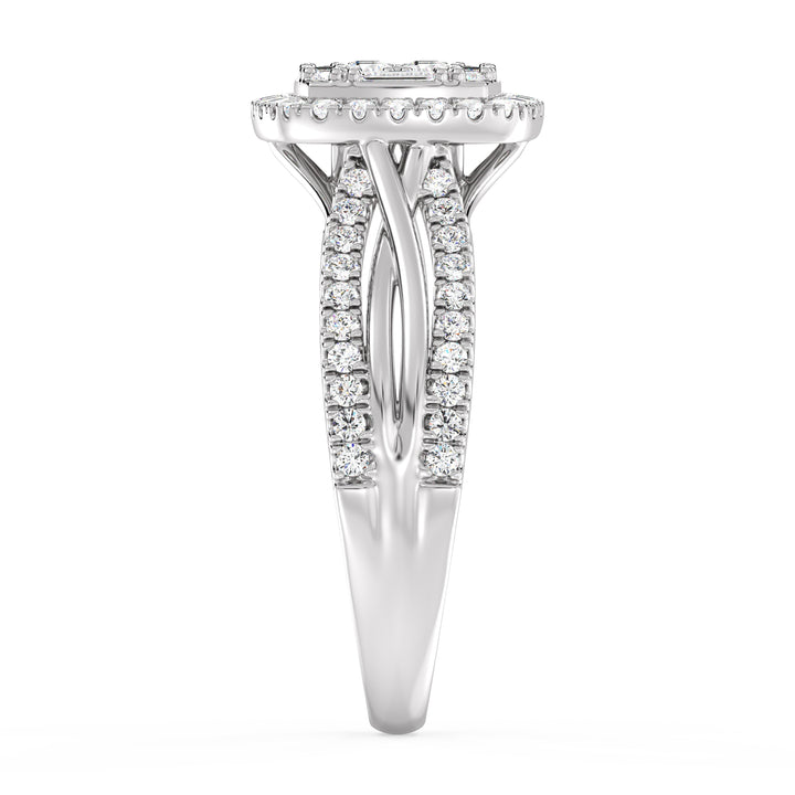 White Gold Vintage-Style Halo Engagement Ring adorned with 0.73CT T.W. lab-grown diamonds, featuring a cushion-shaped frame and delicate halo design in radiant 18K white gold