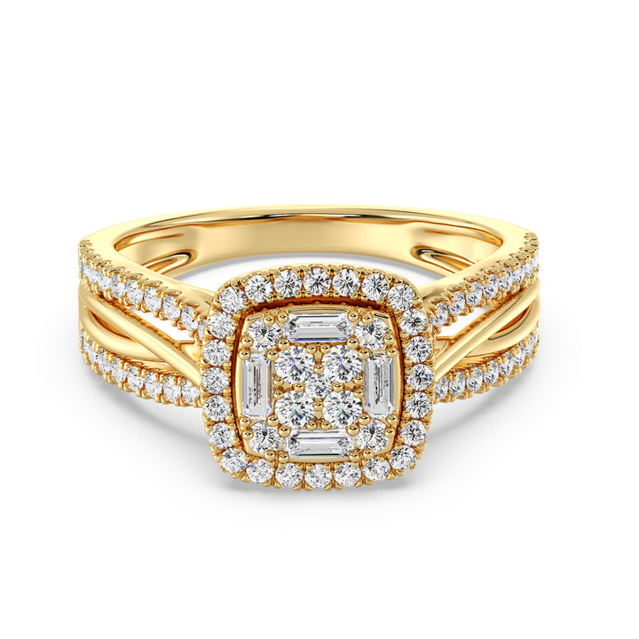 Yellow Gold Vintage-Style Halo Engagement Ring featuring a cushion-shaped frame with 0.73CT T.W. lab-grown diamonds, showcasing intricate halo detailing and a luxurious 18K yellow gold setting.
