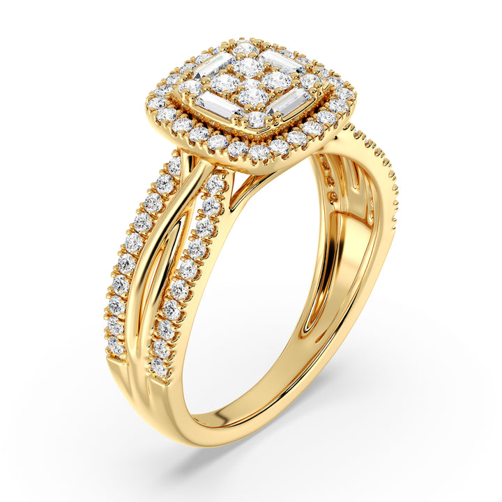 Yellow Gold Vintage-Style Halo Engagement Ring featuring a cushion-shaped frame with 0.73CT T.W. lab-grown diamonds, showcasing intricate halo detailing and a luxurious 18K yellow gold setting.