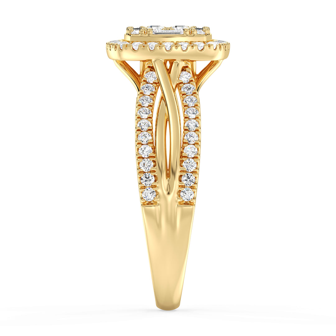 Yellow Gold Vintage-Style Halo Engagement Ring featuring a cushion-shaped frame with 0.73CT T.W. lab-grown diamonds, showcasing intricate halo detailing and a luxurious 18K yellow gold setting.