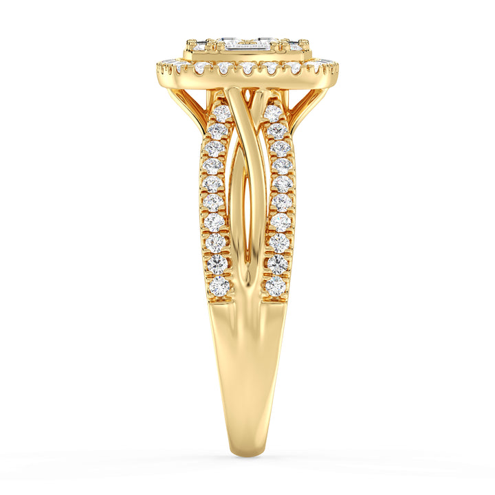 Yellow Gold Vintage-Style Halo Engagement Ring featuring a cushion-shaped frame with 0.73CT T.W. lab-grown diamonds, showcasing intricate halo detailing and a luxurious 18K yellow gold setting.