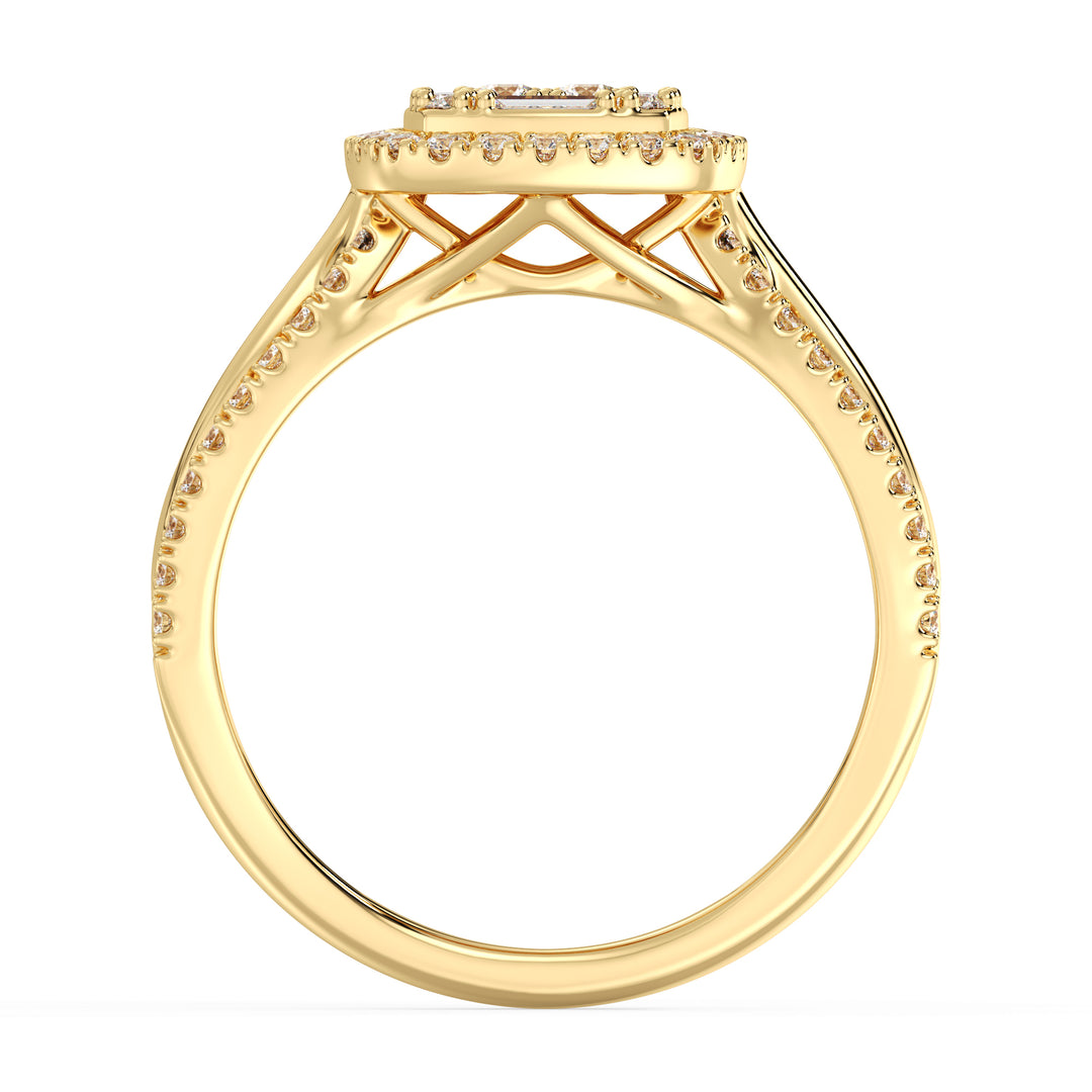 Yellow Gold Vintage-Style Halo Engagement Ring featuring a cushion-shaped frame with 0.73CT T.W. lab-grown diamonds, showcasing intricate halo detailing and a luxurious 18K yellow gold setting.
