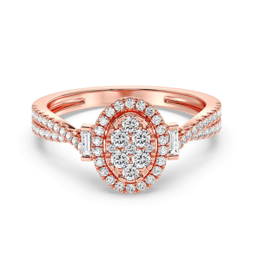 18K Rose Gold Oval Cluster Halo Engagement Ring with 0.67 CTW lab-grown diamonds, showcasing a romantic oval cluster halo design with round and baguette diamonds in warm rose gold