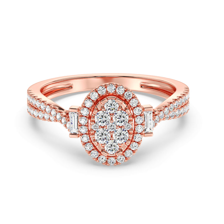 18K Rose Gold Oval Cluster Halo Engagement Ring with 0.67 CTW lab-grown diamonds, showcasing a romantic oval cluster halo design with round and baguette diamonds in warm rose gold