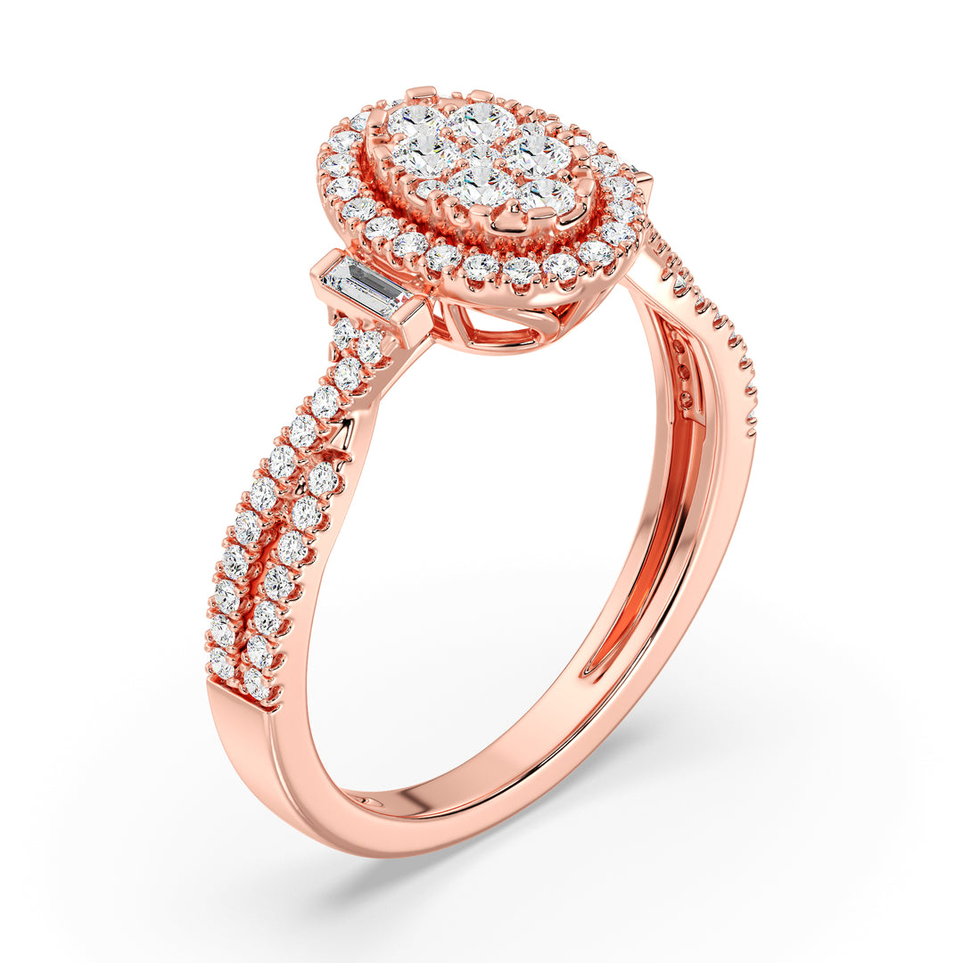 18K Rose Gold Oval Cluster Halo Engagement Ring with 0.67 CTW lab-grown diamonds, showcasing a romantic oval cluster halo design with round and baguette diamonds in warm rose gold