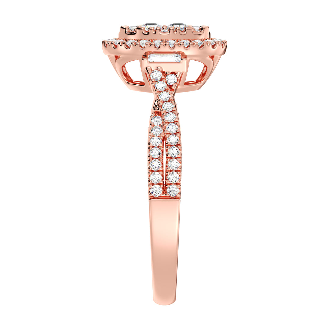 18K Rose Gold Oval Cluster Halo Engagement Ring with 0.67 CTW lab-grown diamonds, showcasing a romantic oval cluster halo design with round and baguette diamonds in warm rose gold