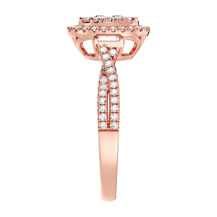 18K Rose Gold Oval Cluster Halo Engagement Ring with 0.67 CTW lab-grown diamonds, showcasing a romantic oval cluster halo design with round and baguette diamonds in warm rose gold