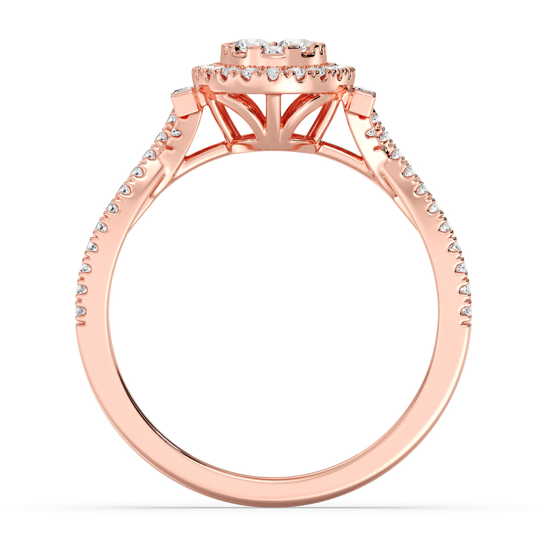 18K Rose Gold Oval Cluster Halo Engagement Ring with 0.67 CTW lab-grown diamonds, showcasing a romantic oval cluster halo design with round and baguette diamonds in warm rose gold