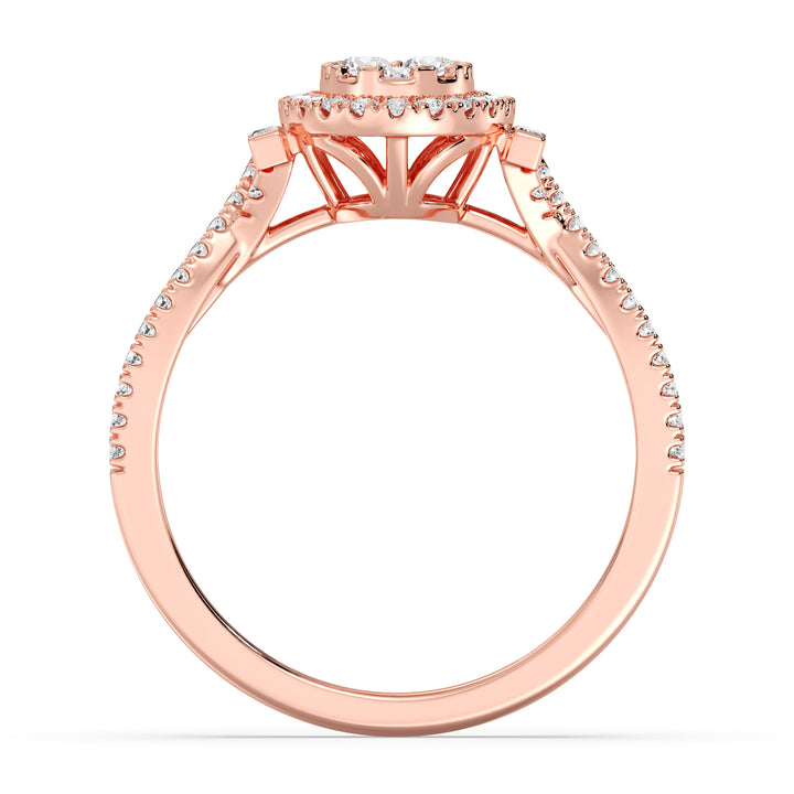 18K Rose Gold Oval Cluster Halo Engagement Ring with 0.67 CTW lab-grown diamonds, showcasing a romantic oval cluster halo design with round and baguette diamonds in warm rose gold