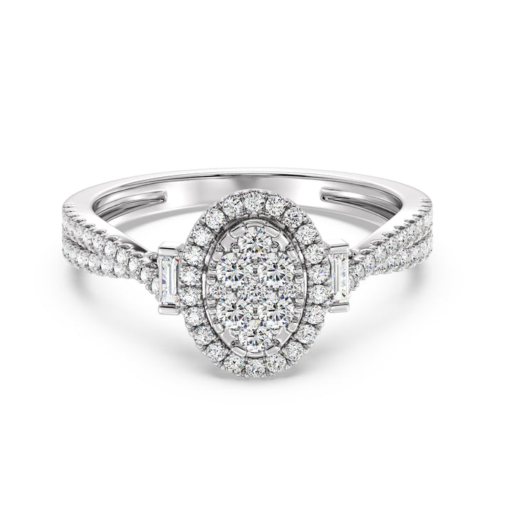 18K White Gold Oval Cluster Halo Engagement Ring with 0.67 CTW lab-grown diamonds, highlighting a sophisticated oval cluster halo design with round and baguette diamonds in sleek white gold.